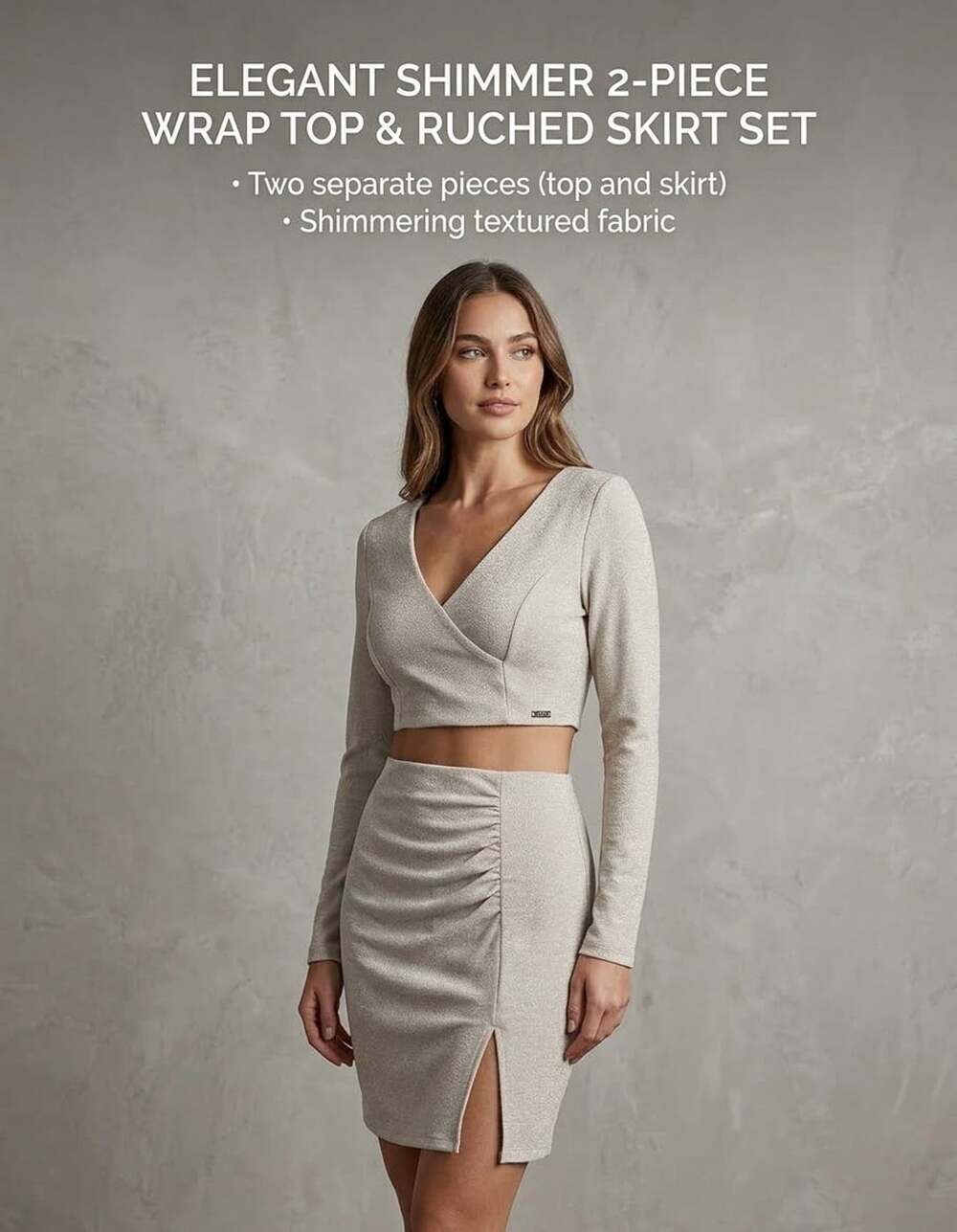 Crystal Doll 2-Piece Wrap Top & Ruched Skirt Set Size L Beige